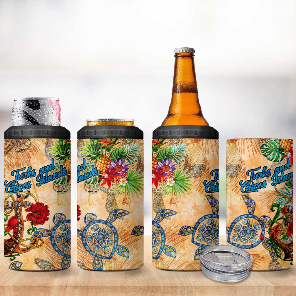 Turks and Caicos Islands 4 in 1 Can Cooler Tumbler Geographic Coordinate Anchor - Turlte Tropical