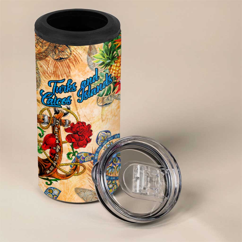 Turks and Caicos Islands 4 in 1 Can Cooler Tumbler Geographic Coordinate Anchor - Turlte Tropical