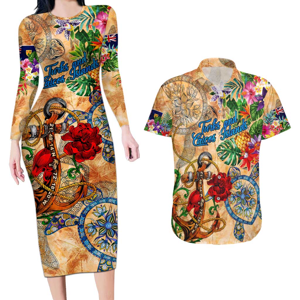 Turks and Caicos Islands Couples Matching Long Sleeve Bodycon Dress and Hawaiian Shirt Geographic Coordinate Anchor - Turlte Tropical