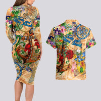 Turks and Caicos Islands Couples Matching Long Sleeve Bodycon Dress and Hawaiian Shirt Geographic Coordinate Anchor - Turlte Tropical
