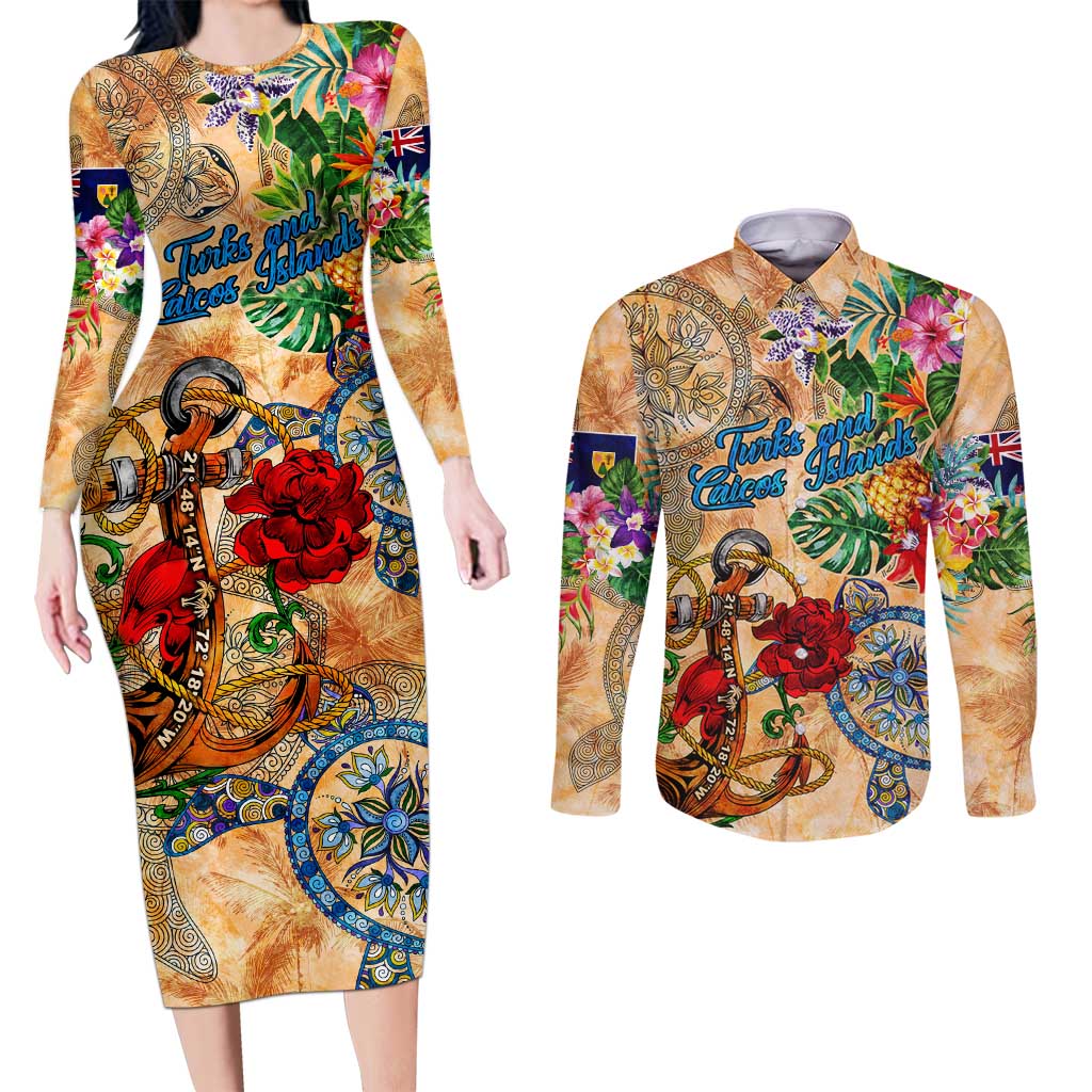 Turks and Caicos Islands Couples Matching Long Sleeve Bodycon Dress and Long Sleeve Button Shirt Geographic Coordinate Anchor - Turlte Tropical
