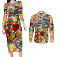 Turks and Caicos Islands Couples Matching Long Sleeve Bodycon Dress and Long Sleeve Button Shirt Geographic Coordinate Anchor - Turlte Tropical