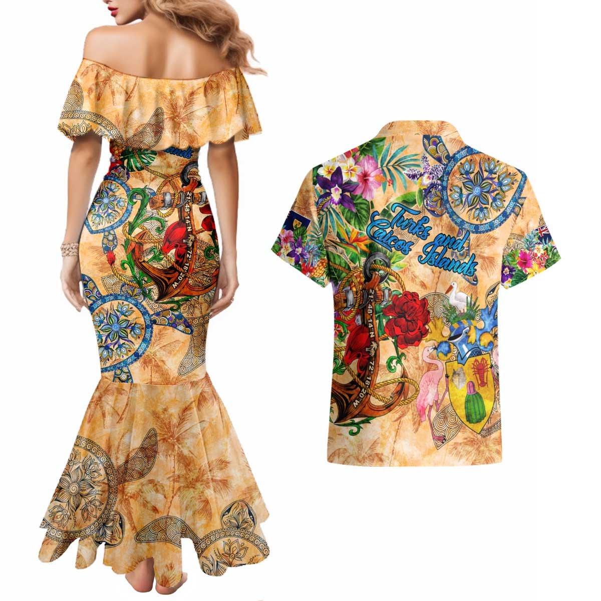 Turks and Caicos Islands Couples Matching Mermaid Dress and Hawaiian Shirt Geographic Coordinate Anchor - Turlte Tropical