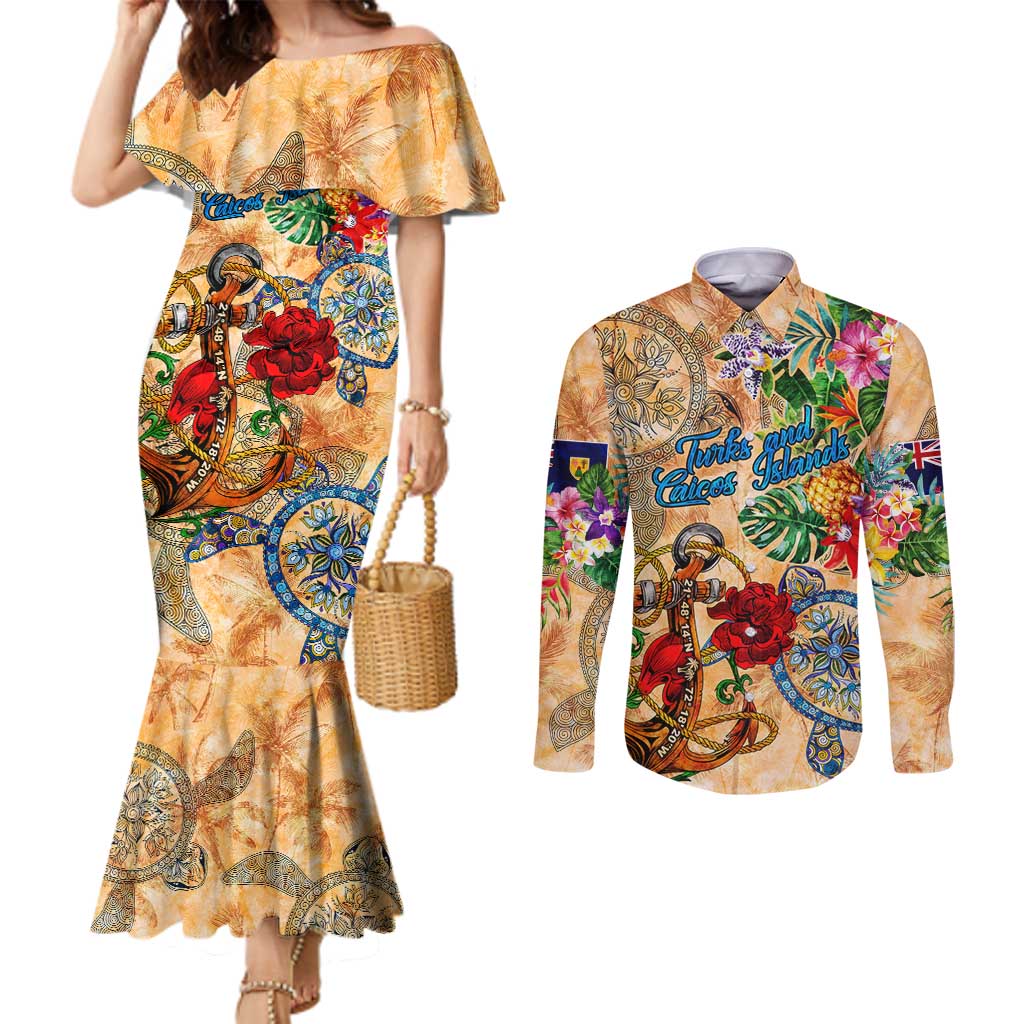 Turks and Caicos Islands Couples Matching Mermaid Dress and Long Sleeve Button Shirt Geographic Coordinate Anchor - Turlte Tropical
