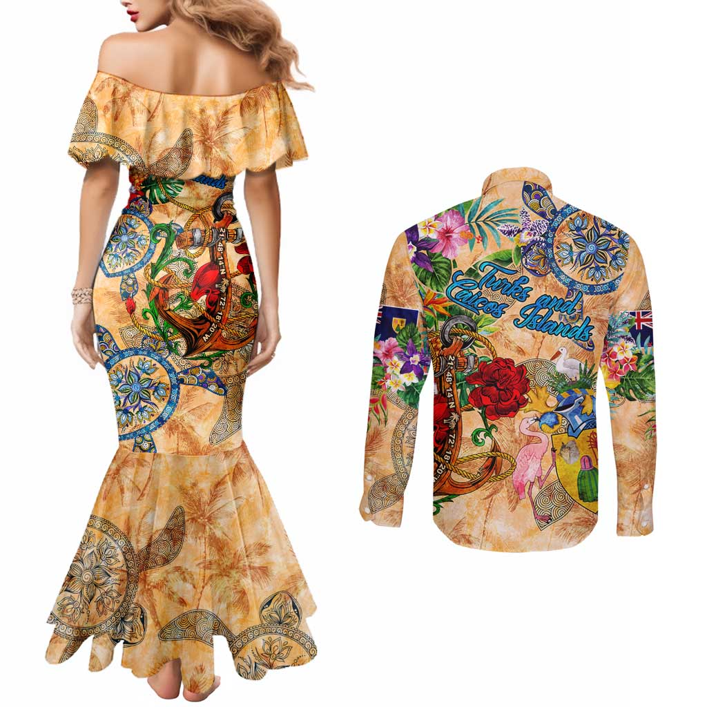 Turks and Caicos Islands Couples Matching Mermaid Dress and Long Sleeve Button Shirt Geographic Coordinate Anchor - Turlte Tropical