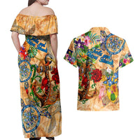 Turks and Caicos Islands Couples Matching Off Shoulder Maxi Dress and Hawaiian Shirt Geographic Coordinate Anchor - Turlte Tropical