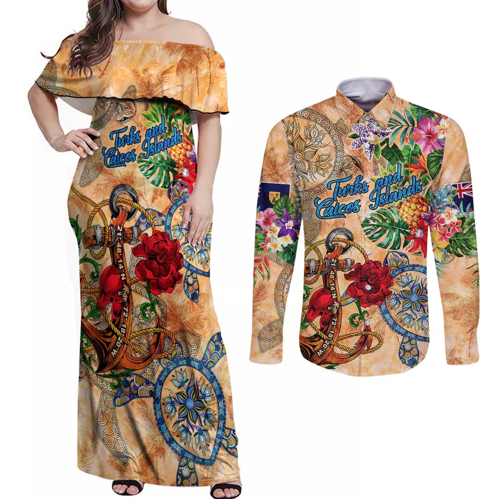 Turks and Caicos Islands Couples Matching Off Shoulder Maxi Dress and Long Sleeve Button Shirt Geographic Coordinate Anchor - Turlte Tropical