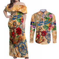 Turks and Caicos Islands Couples Matching Off Shoulder Maxi Dress and Long Sleeve Button Shirt Geographic Coordinate Anchor - Turlte Tropical
