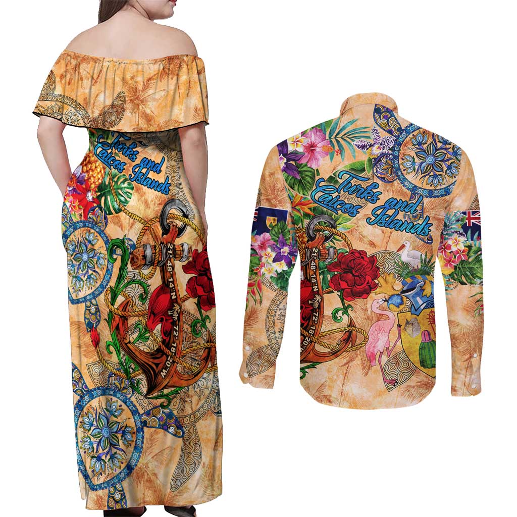Turks and Caicos Islands Couples Matching Off Shoulder Maxi Dress and Long Sleeve Button Shirt Geographic Coordinate Anchor - Turlte Tropical