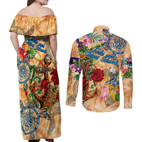 Turks and Caicos Islands Couples Matching Off Shoulder Maxi Dress and Long Sleeve Button Shirt Geographic Coordinate Anchor - Turlte Tropical