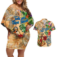 Turks and Caicos Islands Couples Matching Off Shoulder Short Dress and Hawaiian Shirt Geographic Coordinate Anchor - Turlte Tropical