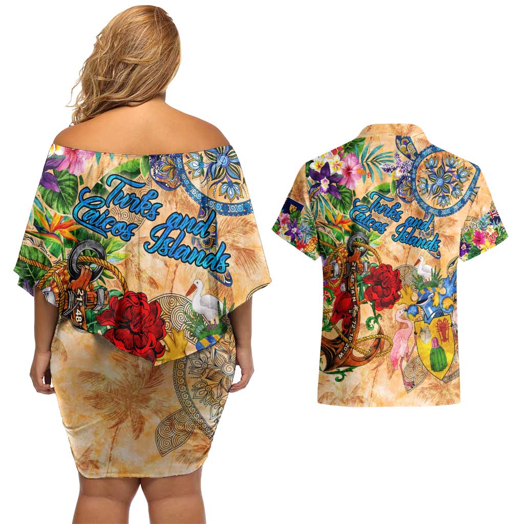 Turks and Caicos Islands Couples Matching Off Shoulder Short Dress and Hawaiian Shirt Geographic Coordinate Anchor - Turlte Tropical