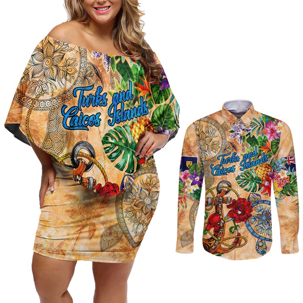 Turks and Caicos Islands Couples Matching Off Shoulder Short Dress and Long Sleeve Button Shirt Geographic Coordinate Anchor - Turlte Tropical