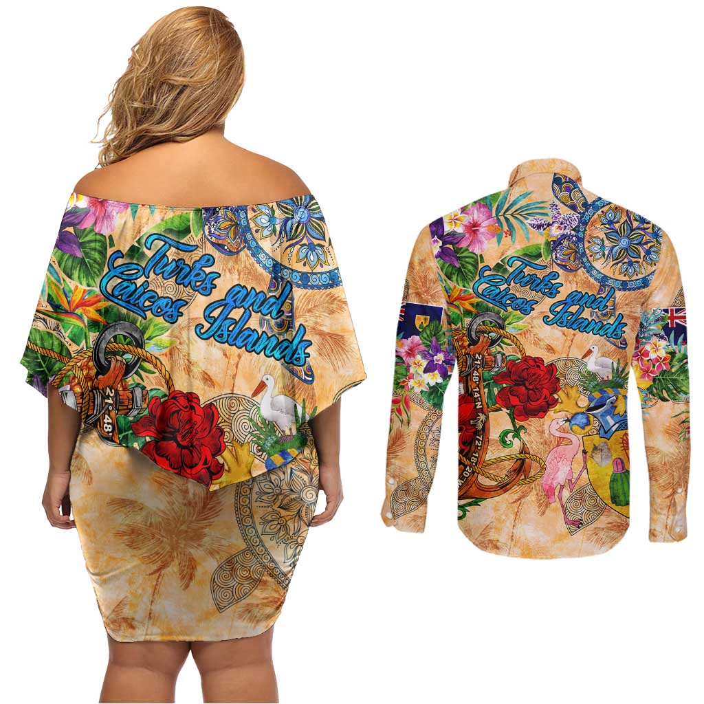 Turks and Caicos Islands Couples Matching Off Shoulder Short Dress and Long Sleeve Button Shirt Geographic Coordinate Anchor - Turlte Tropical