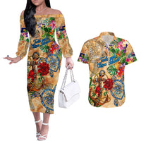 Turks and Caicos Islands Couples Matching Off The Shoulder Long Sleeve Dress and Hawaiian Shirt Geographic Coordinate Anchor - Turlte Tropical