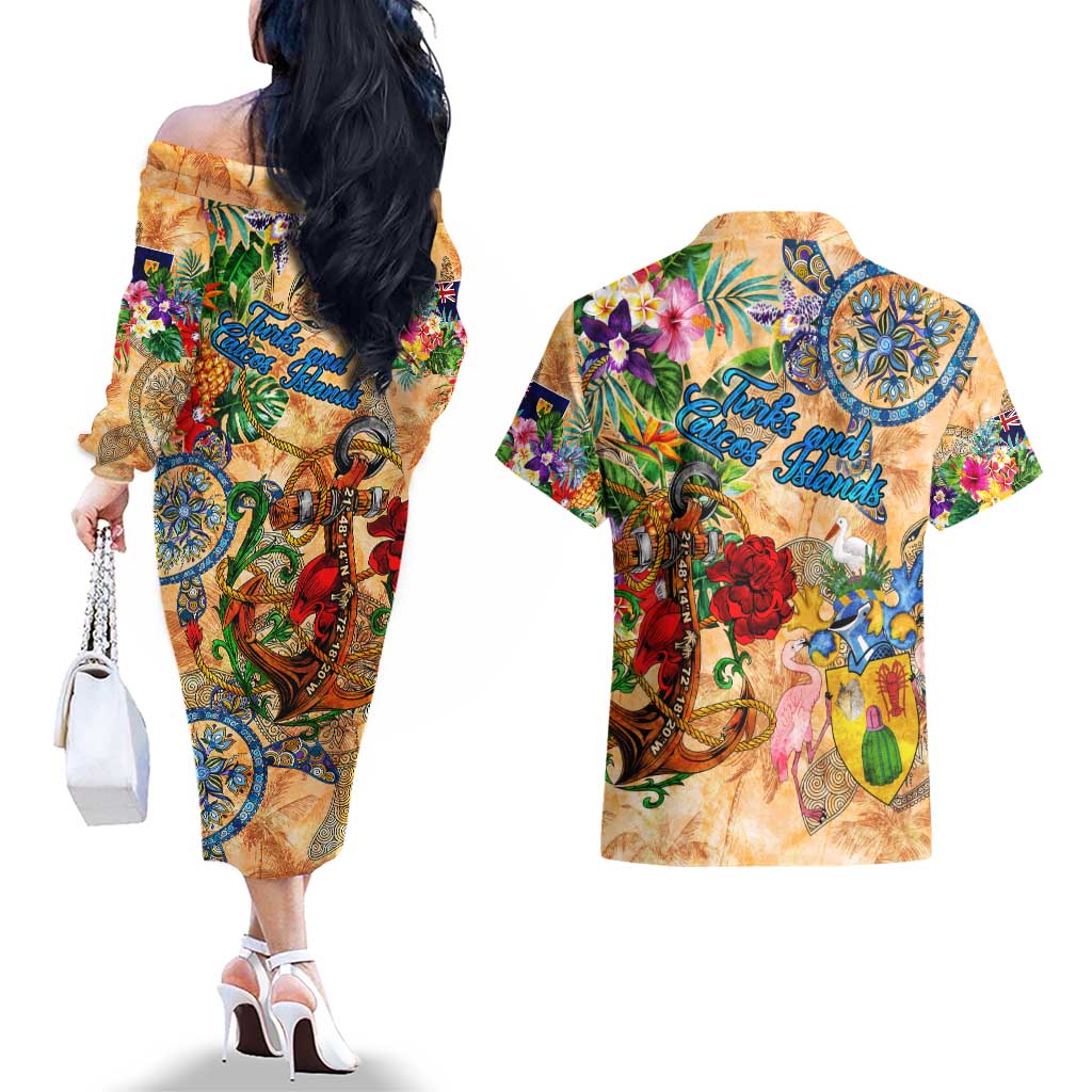 Turks and Caicos Islands Couples Matching Off The Shoulder Long Sleeve Dress and Hawaiian Shirt Geographic Coordinate Anchor - Turlte Tropical