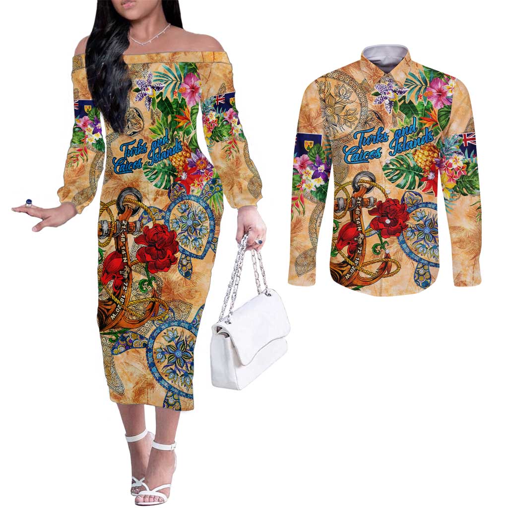 Turks and Caicos Islands Couples Matching Off The Shoulder Long Sleeve Dress and Long Sleeve Button Shirt Geographic Coordinate Anchor - Turlte Tropical