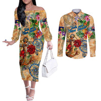 Turks and Caicos Islands Couples Matching Off The Shoulder Long Sleeve Dress and Long Sleeve Button Shirt Geographic Coordinate Anchor - Turlte Tropical