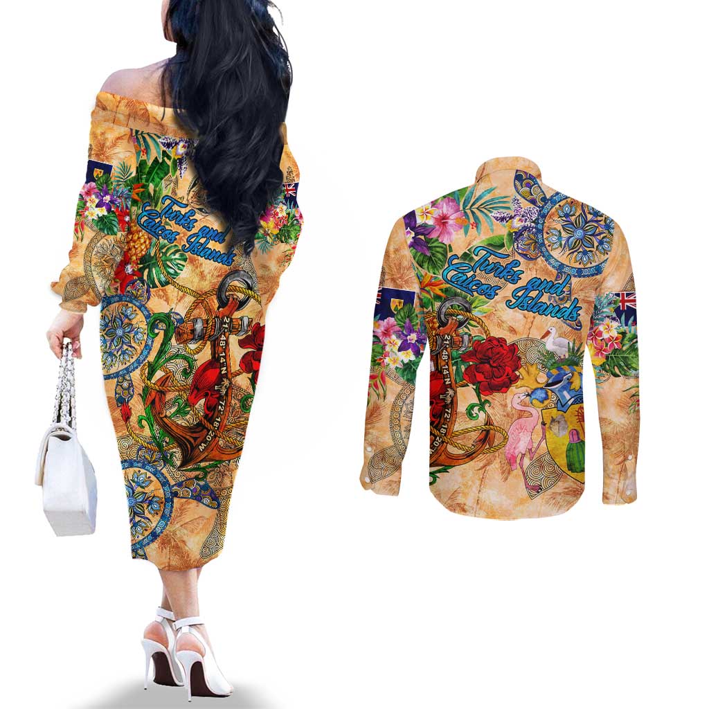 Turks and Caicos Islands Couples Matching Off The Shoulder Long Sleeve Dress and Long Sleeve Button Shirt Geographic Coordinate Anchor - Turlte Tropical