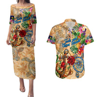 Turks and Caicos Islands Couples Matching Puletasi and Hawaiian Shirt Geographic Coordinate Anchor - Turlte Tropical