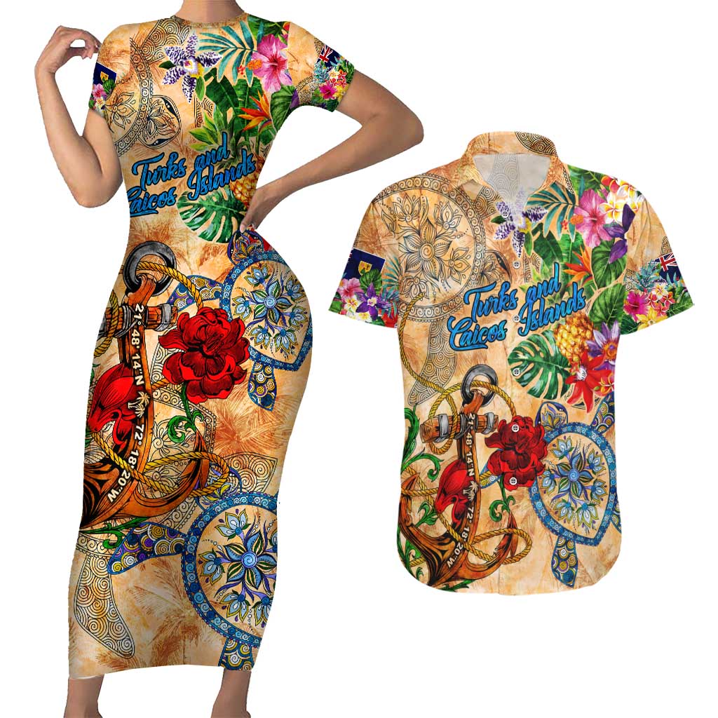 Turks and Caicos Islands Couples Matching Short Sleeve Bodycon Dress and Hawaiian Shirt Geographic Coordinate Anchor - Turlte Tropical