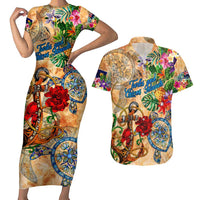 Turks and Caicos Islands Couples Matching Short Sleeve Bodycon Dress and Hawaiian Shirt Geographic Coordinate Anchor - Turlte Tropical