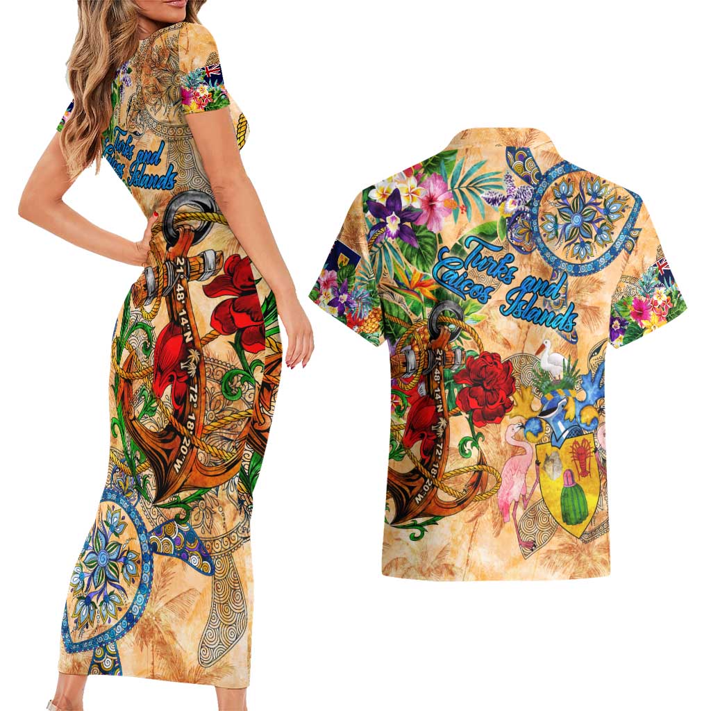 Turks and Caicos Islands Couples Matching Short Sleeve Bodycon Dress and Hawaiian Shirt Geographic Coordinate Anchor - Turlte Tropical