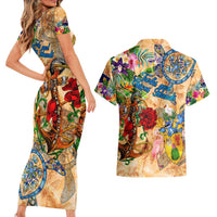 Turks and Caicos Islands Couples Matching Short Sleeve Bodycon Dress and Hawaiian Shirt Geographic Coordinate Anchor - Turlte Tropical