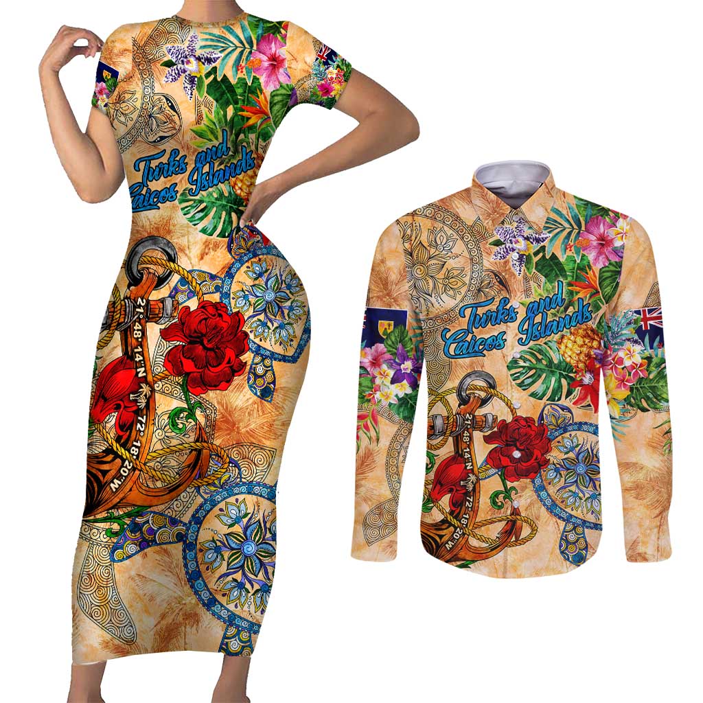 Turks and Caicos Islands Couples Matching Short Sleeve Bodycon Dress and Long Sleeve Button Shirt Geographic Coordinate Anchor - Turlte Tropical