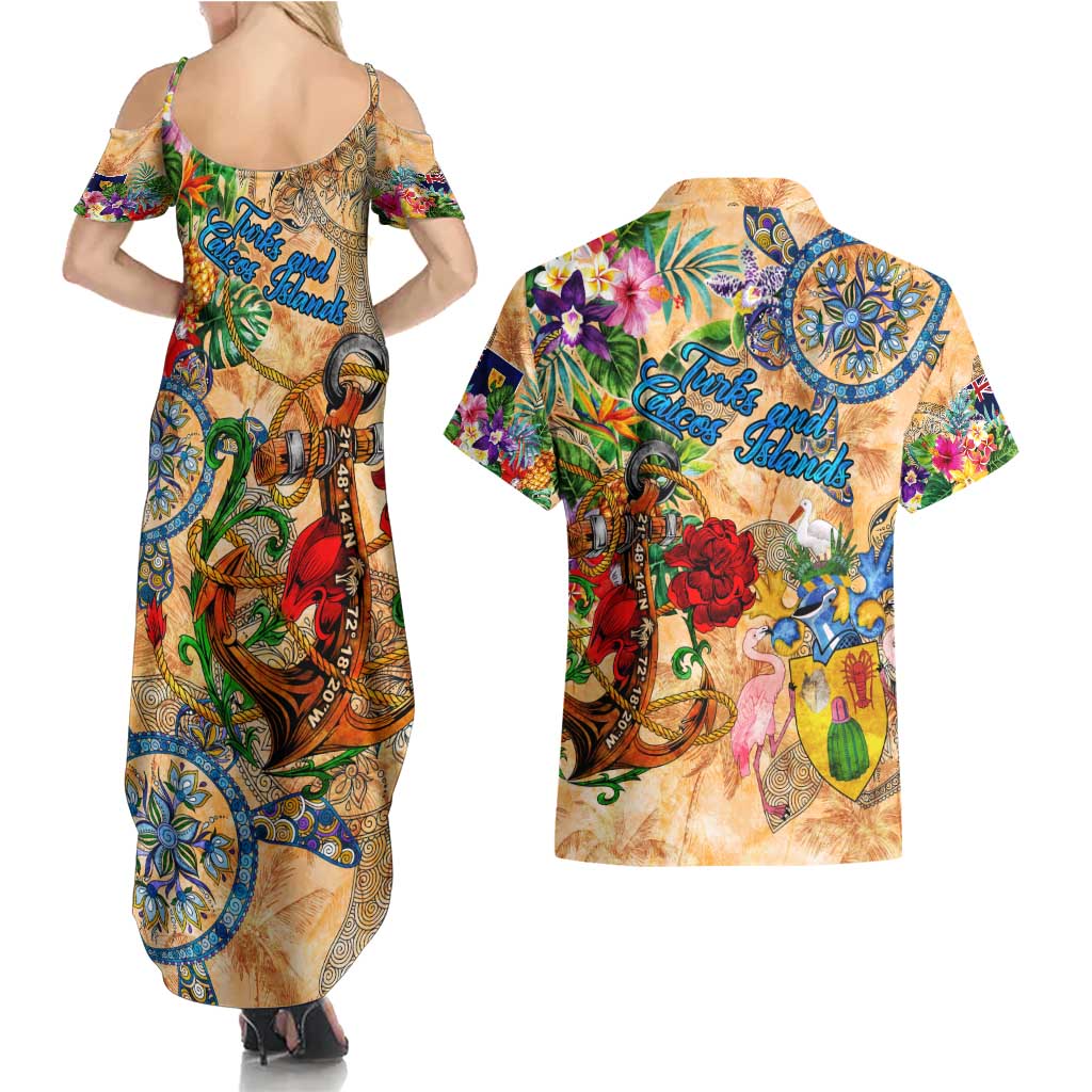 Turks and Caicos Islands Couples Matching Summer Maxi Dress and Hawaiian Shirt Geographic Coordinate Anchor - Turlte Tropical