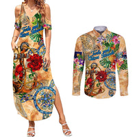 Turks and Caicos Islands Couples Matching Summer Maxi Dress and Long Sleeve Button Shirt Geographic Coordinate Anchor - Turlte Tropical