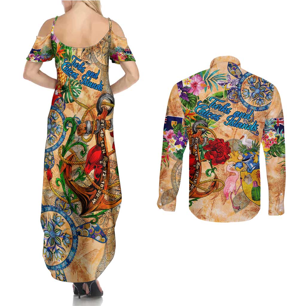 Turks and Caicos Islands Couples Matching Summer Maxi Dress and Long Sleeve Button Shirt Geographic Coordinate Anchor - Turlte Tropical