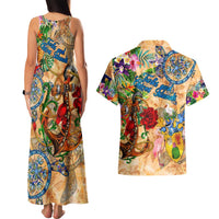 Turks and Caicos Islands Couples Matching Tank Maxi Dress and Hawaiian Shirt Geographic Coordinate Anchor - Turlte Tropical