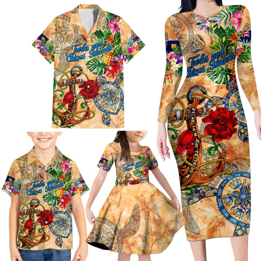 Turks and Caicos Islands Family Matching Long Sleeve Bodycon Dress and Hawaiian Shirt Geographic Coordinate Anchor - Turlte Tropical