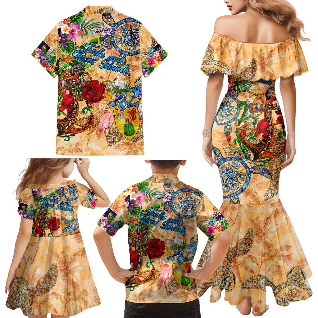 Turks and Caicos Islands Family Matching Mermaid Dress and Hawaiian Shirt Geographic Coordinate Anchor - Turlte Tropical