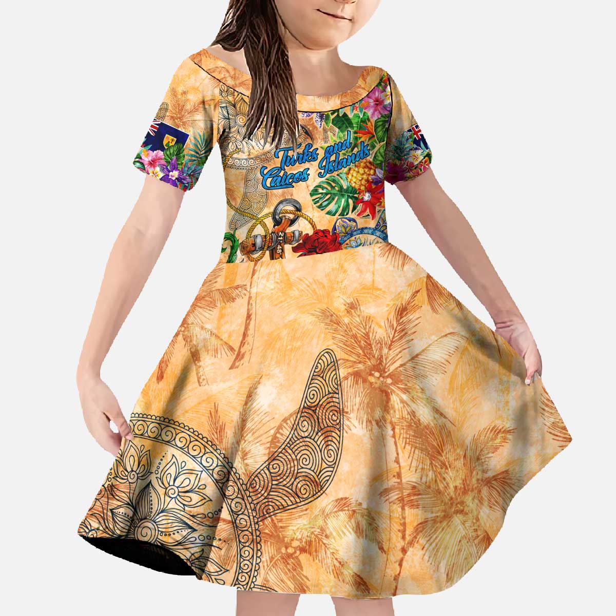 Turks and Caicos Islands Family Matching Off The Shoulder Long Sleeve Dress and Hawaiian Shirt Geographic Coordinate Anchor - Turlte Tropical