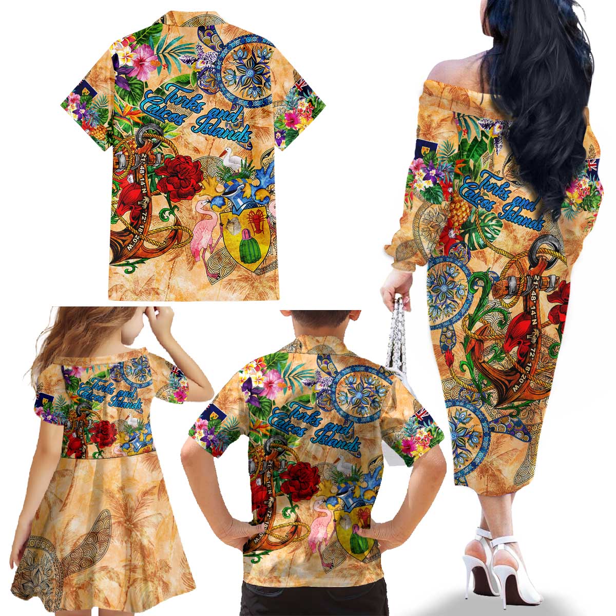 Turks and Caicos Islands Family Matching Off The Shoulder Long Sleeve Dress and Hawaiian Shirt Geographic Coordinate Anchor - Turlte Tropical