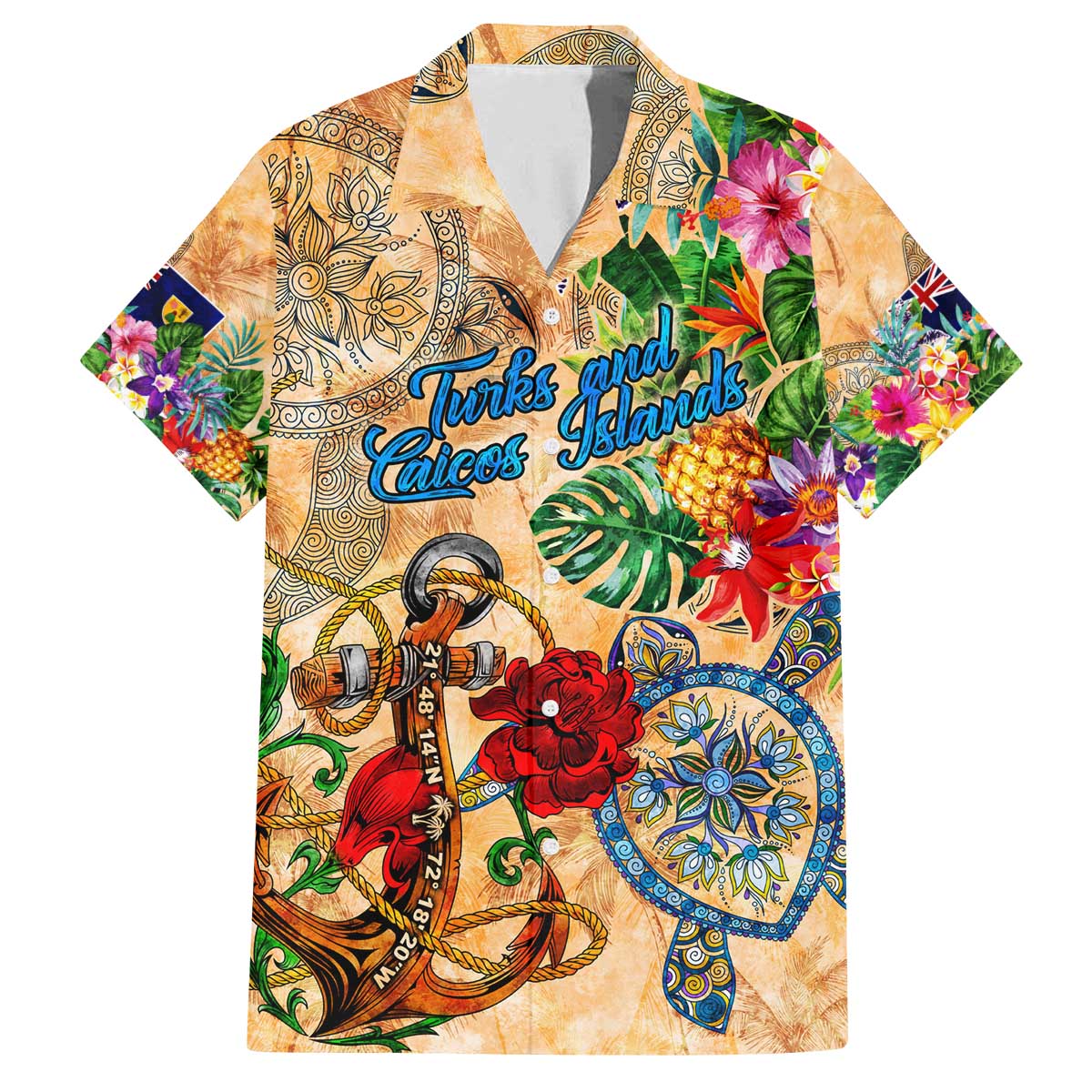 Turks and Caicos Islands Family Matching Off The Shoulder Long Sleeve Dress and Hawaiian Shirt Geographic Coordinate Anchor - Turlte Tropical