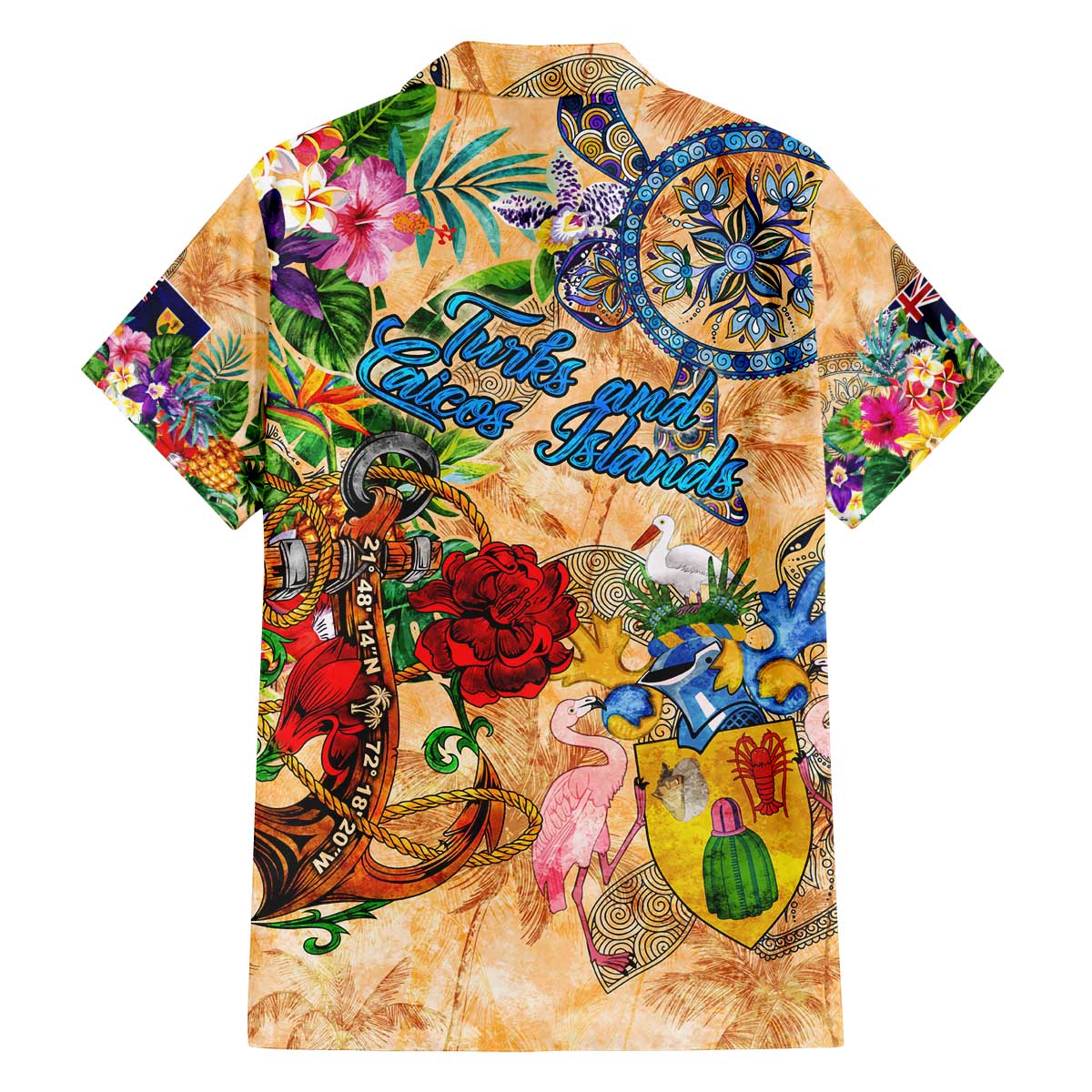 Turks and Caicos Islands Family Matching Off The Shoulder Long Sleeve Dress and Hawaiian Shirt Geographic Coordinate Anchor - Turlte Tropical