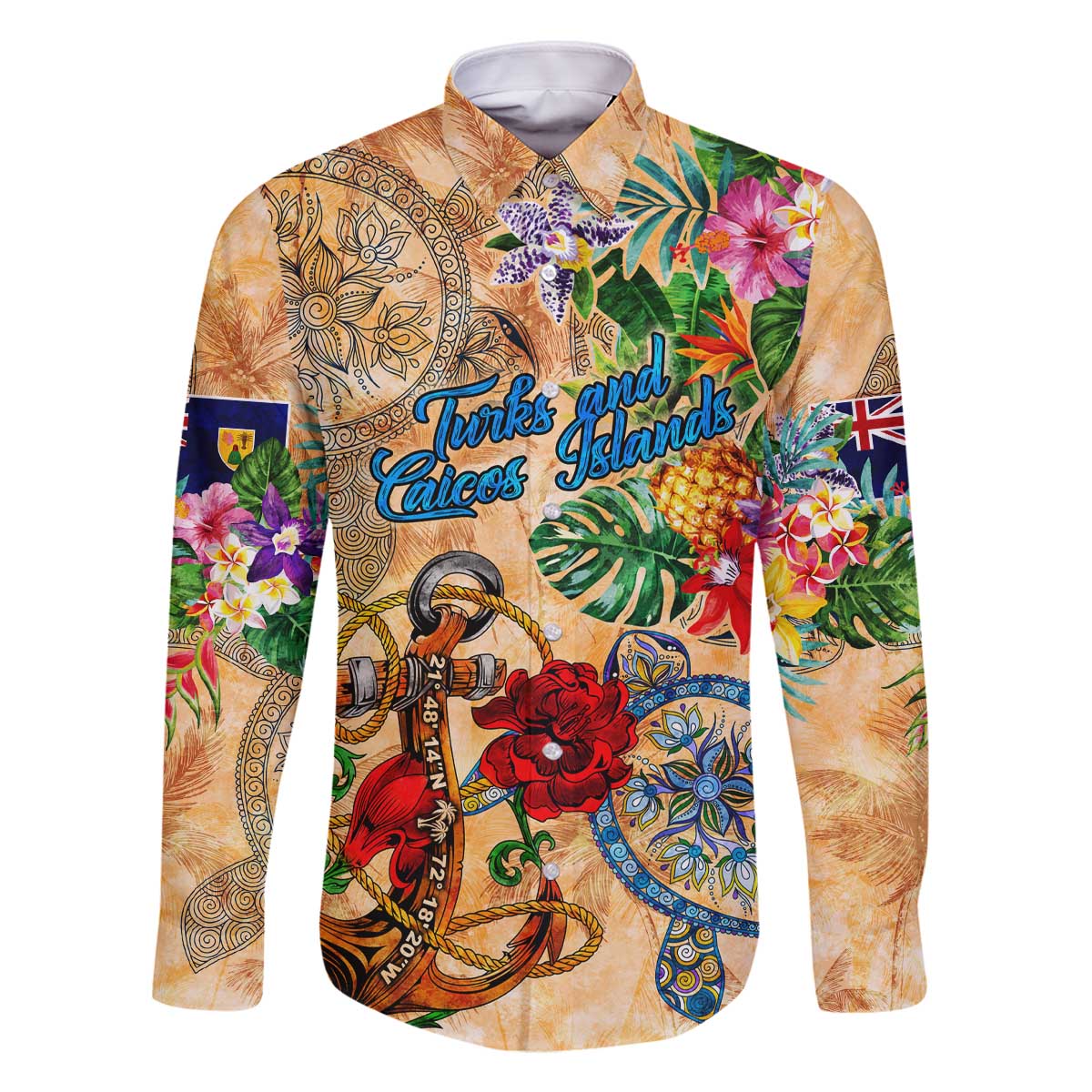 Turks and Caicos Islands Family Matching Off The Shoulder Long Sleeve Dress and Hawaiian Shirt Geographic Coordinate Anchor - Turlte Tropical
