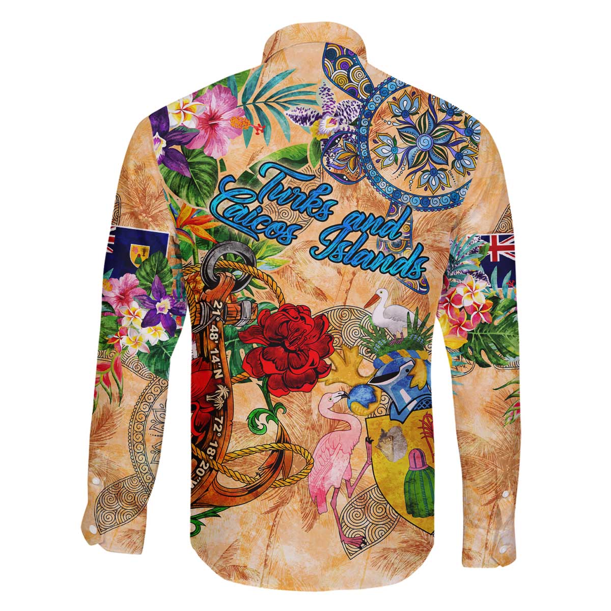 Turks and Caicos Islands Family Matching Off The Shoulder Long Sleeve Dress and Hawaiian Shirt Geographic Coordinate Anchor - Turlte Tropical