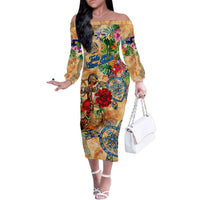 Turks and Caicos Islands Family Matching Off The Shoulder Long Sleeve Dress and Hawaiian Shirt Geographic Coordinate Anchor - Turlte Tropical