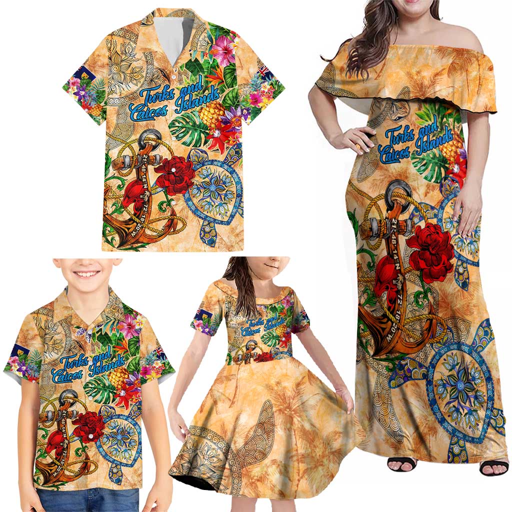 Turks and Caicos Islands Family Matching Off Shoulder Maxi Dress and Hawaiian Shirt Geographic Coordinate Anchor - Turlte Tropical