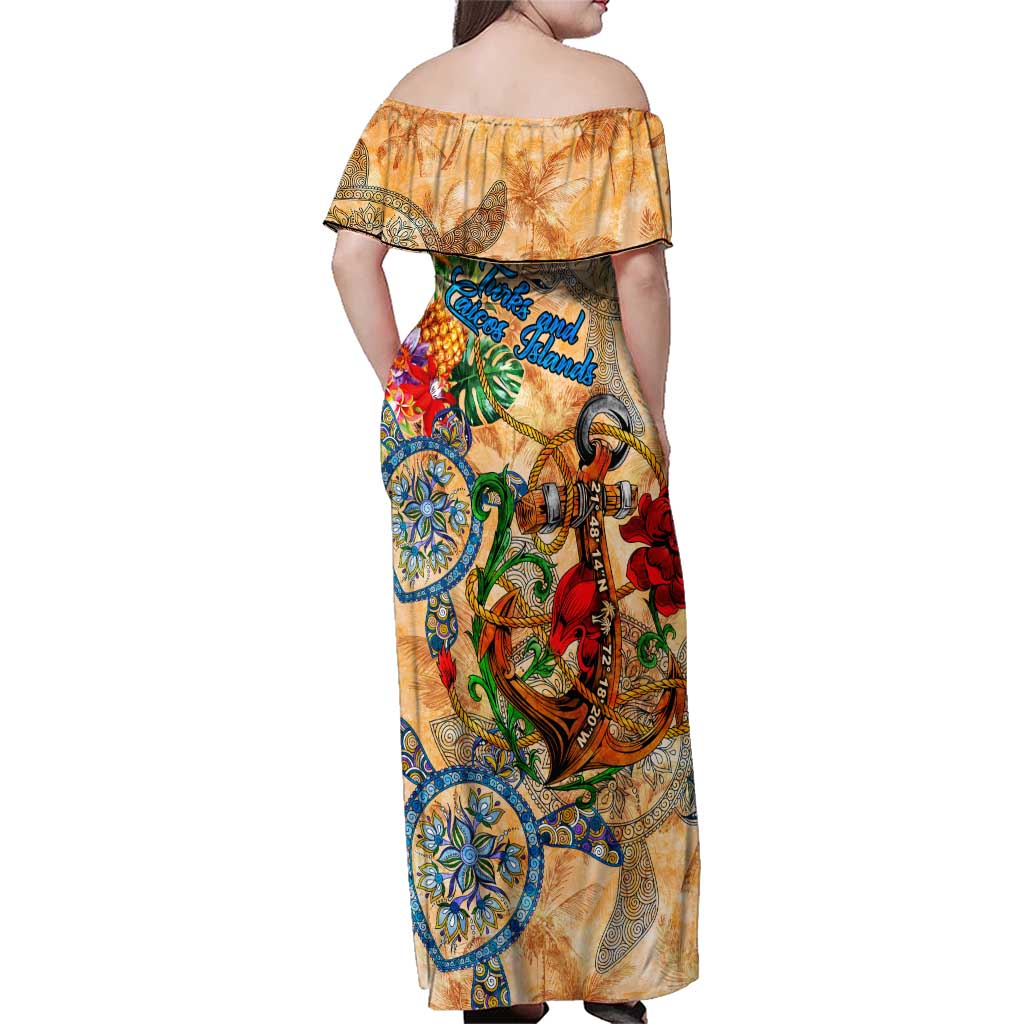 Turks and Caicos Islands Family Matching Off Shoulder Maxi Dress and Hawaiian Shirt Geographic Coordinate Anchor - Turlte Tropical