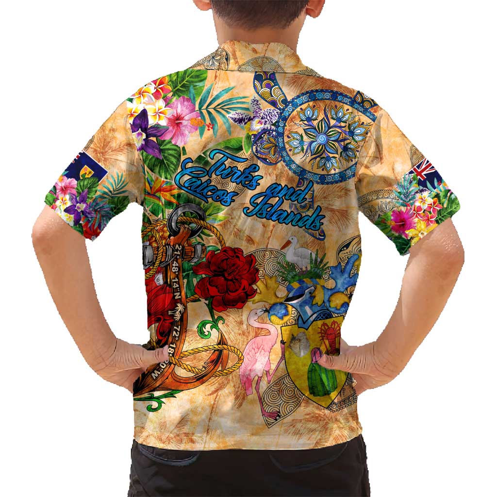 Turks and Caicos Islands Family Matching Off Shoulder Short Dress and Hawaiian Shirt Geographic Coordinate Anchor - Turlte Tropical