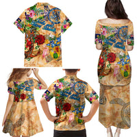 Turks and Caicos Islands Family Matching Puletasi and Hawaiian Shirt Geographic Coordinate Anchor - Turlte Tropical