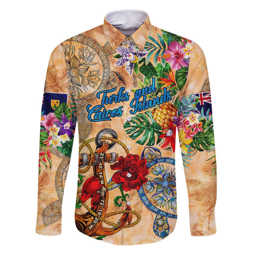 Turks and Caicos Islands Family Matching Puletasi and Hawaiian Shirt Geographic Coordinate Anchor - Turlte Tropical