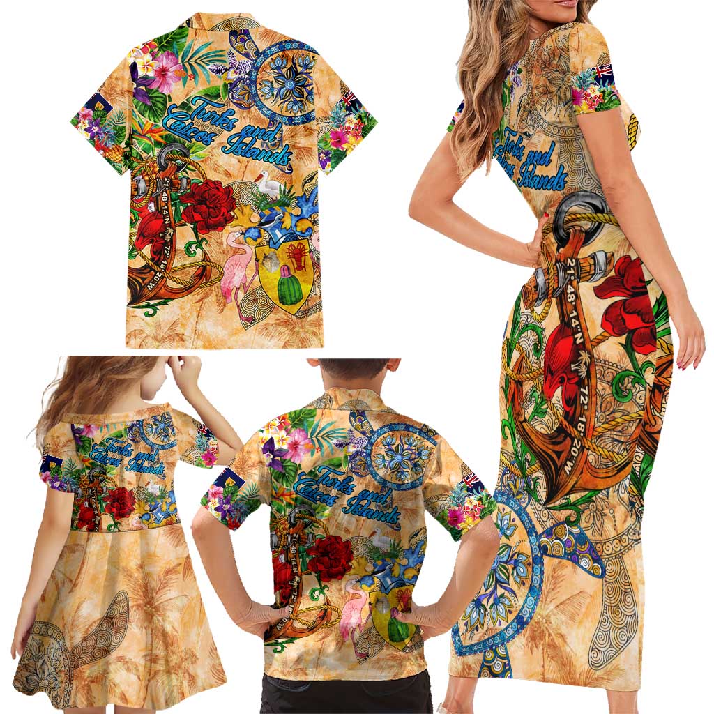 Turks and Caicos Islands Family Matching Short Sleeve Bodycon Dress and Hawaiian Shirt Geographic Coordinate Anchor - Turlte Tropical
