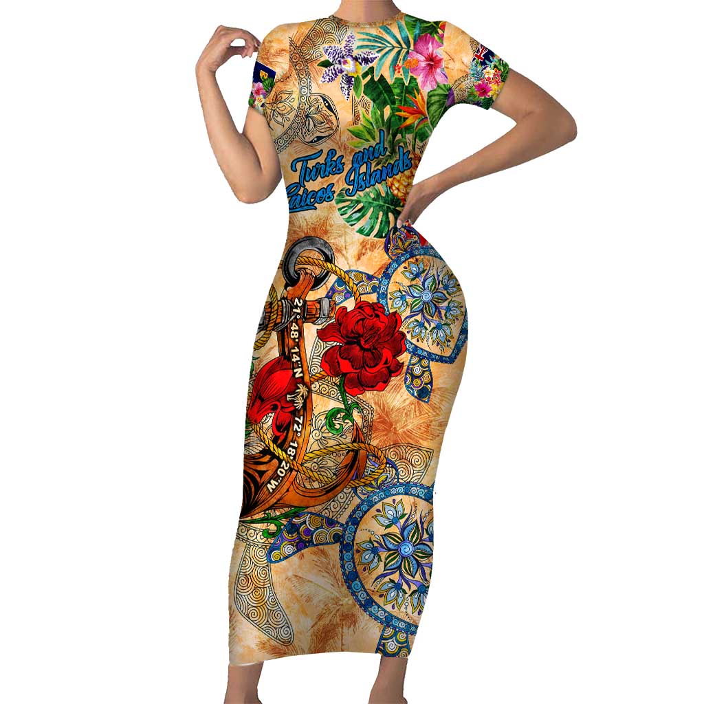 Turks and Caicos Islands Family Matching Short Sleeve Bodycon Dress and Hawaiian Shirt Geographic Coordinate Anchor - Turlte Tropical