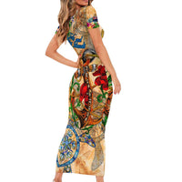 Turks and Caicos Islands Family Matching Short Sleeve Bodycon Dress and Hawaiian Shirt Geographic Coordinate Anchor - Turlte Tropical